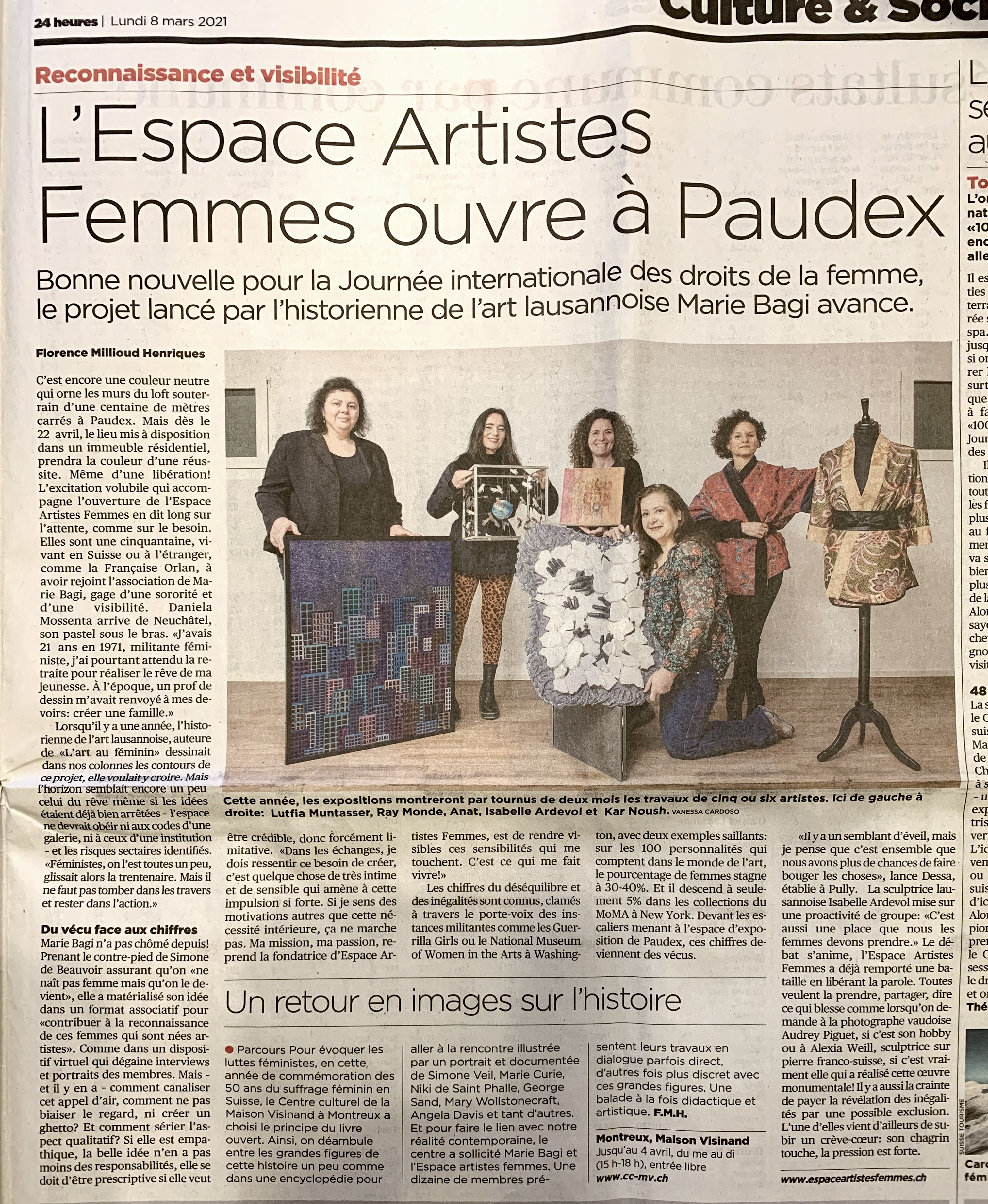  24 heures newspaper 2021: IZA - Isabelle Ardevol partcipates in the opening of  EAF (Espace artistes femmes) dedicated to women artists in Switzerland. 2020