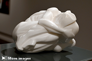 IZA, Isabelle Ardevol, woman contemporary artist, sculptress, art, alabaster sculpture 2022. Represents a female and a male body embraced. Made from a recycled alabaster block